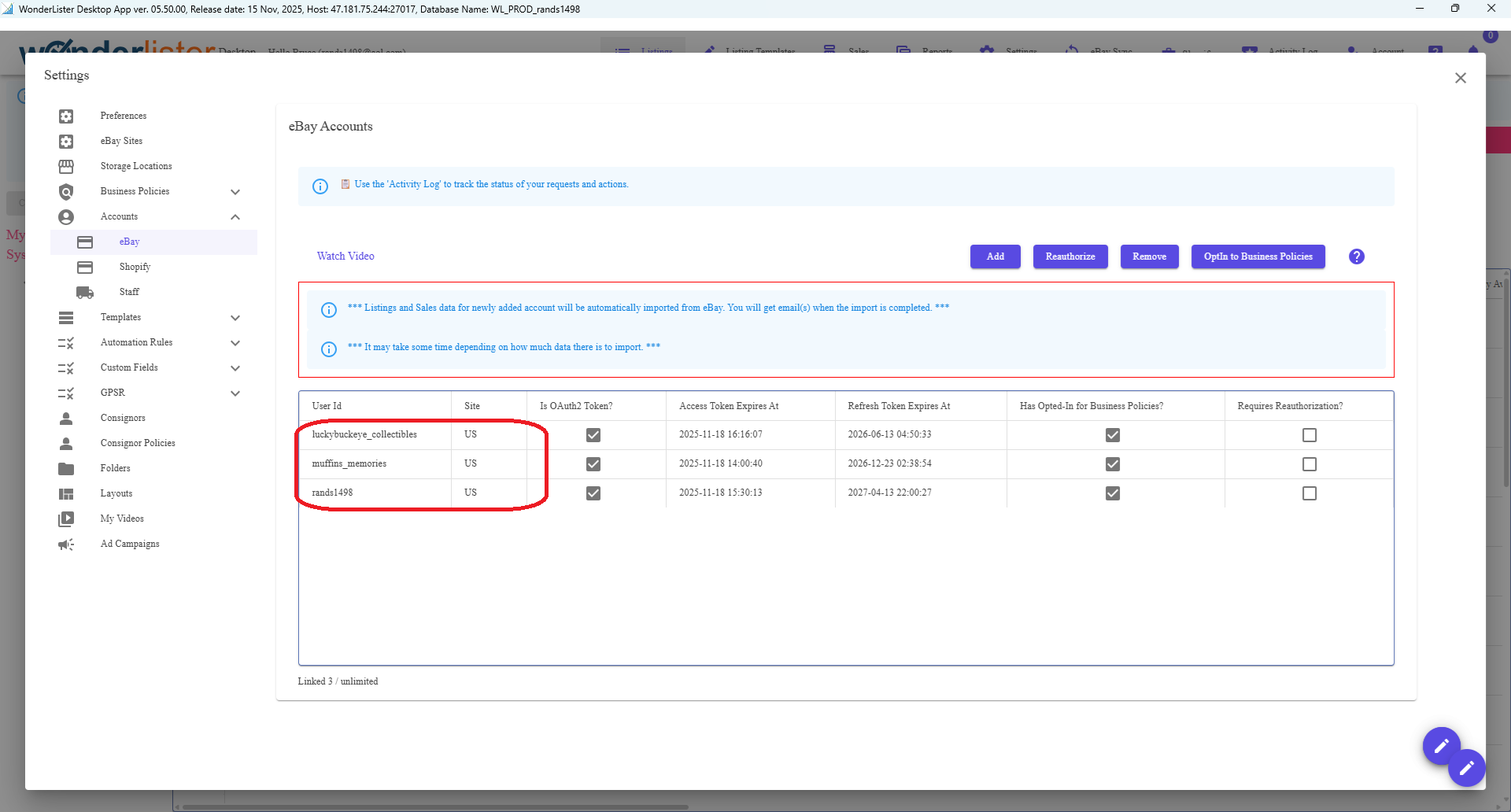 Linking multiple eBay accounts in WonderLister