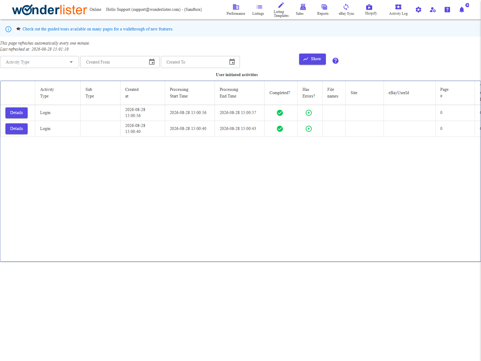 The Activity Logs page