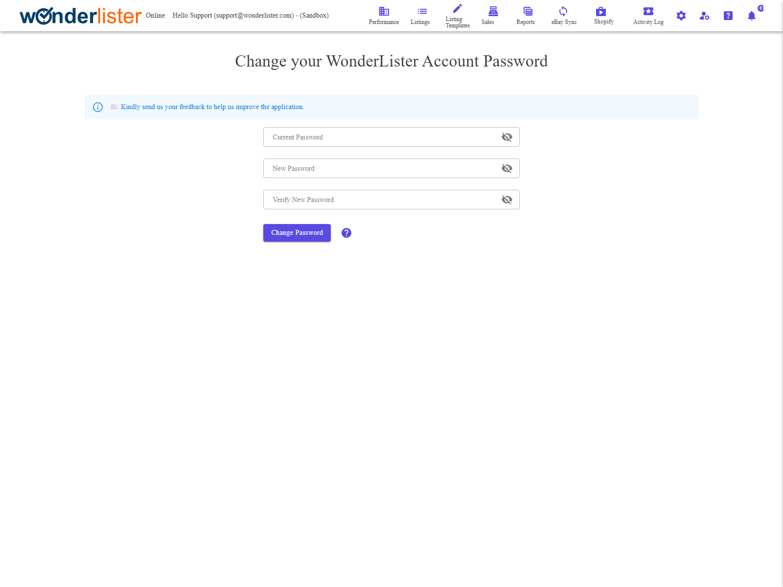 The Change Password page