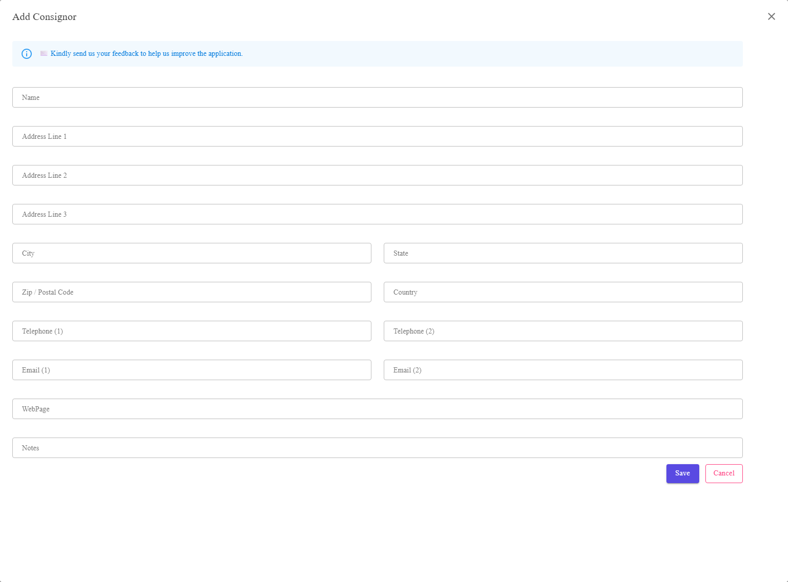 The Consignor Editor dialog