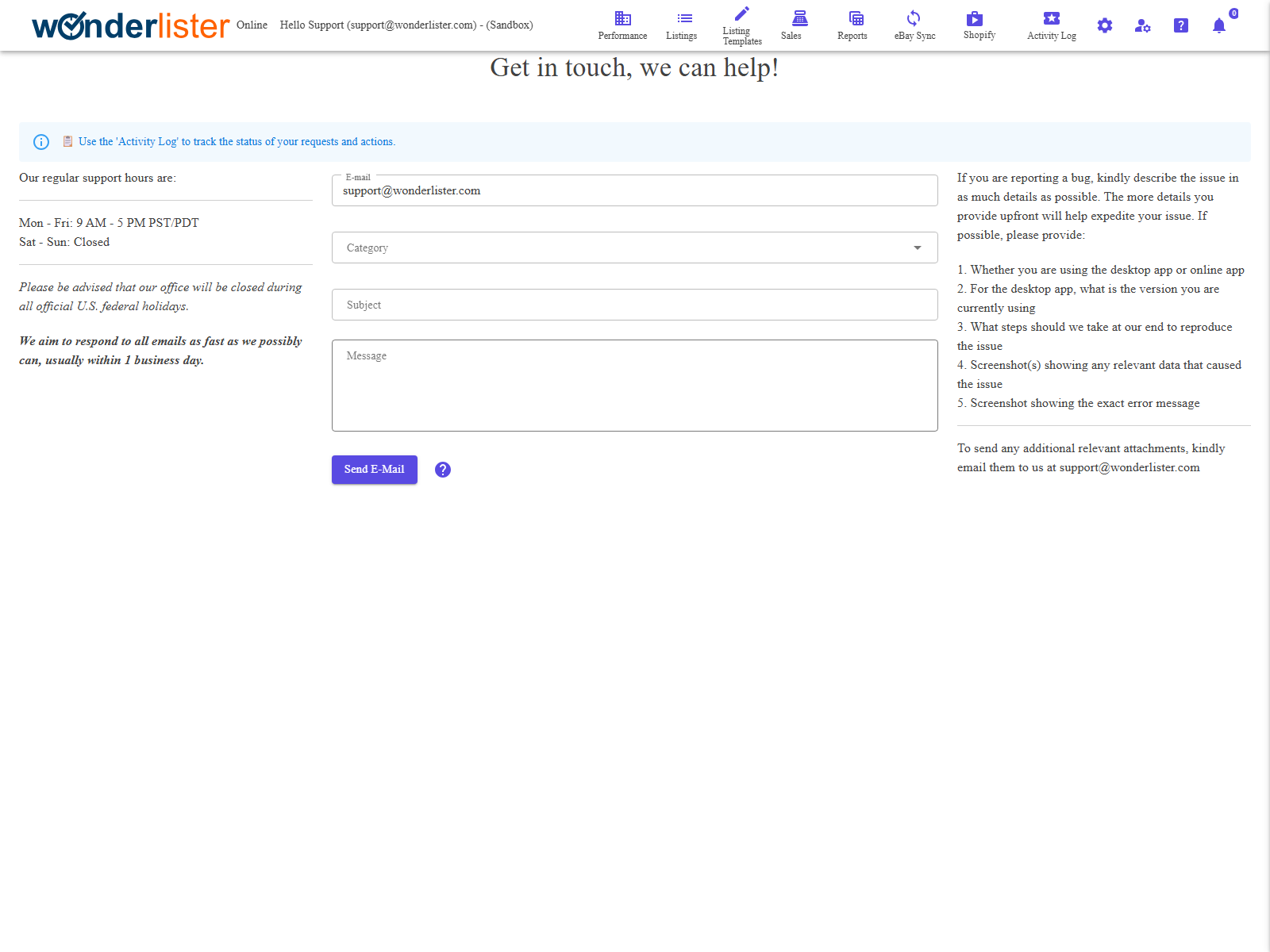 The Contact Us page