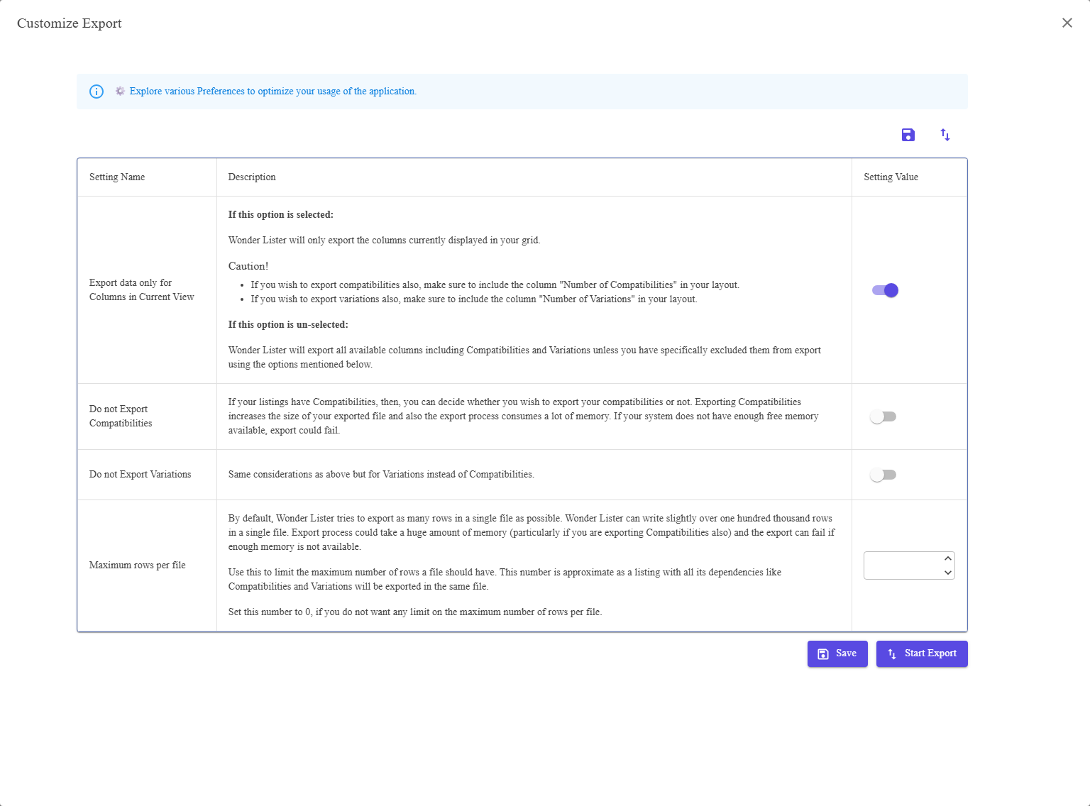 The Customize Export Listings dialog