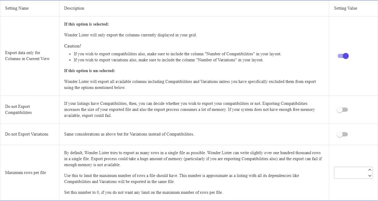 The Export to CSV settings