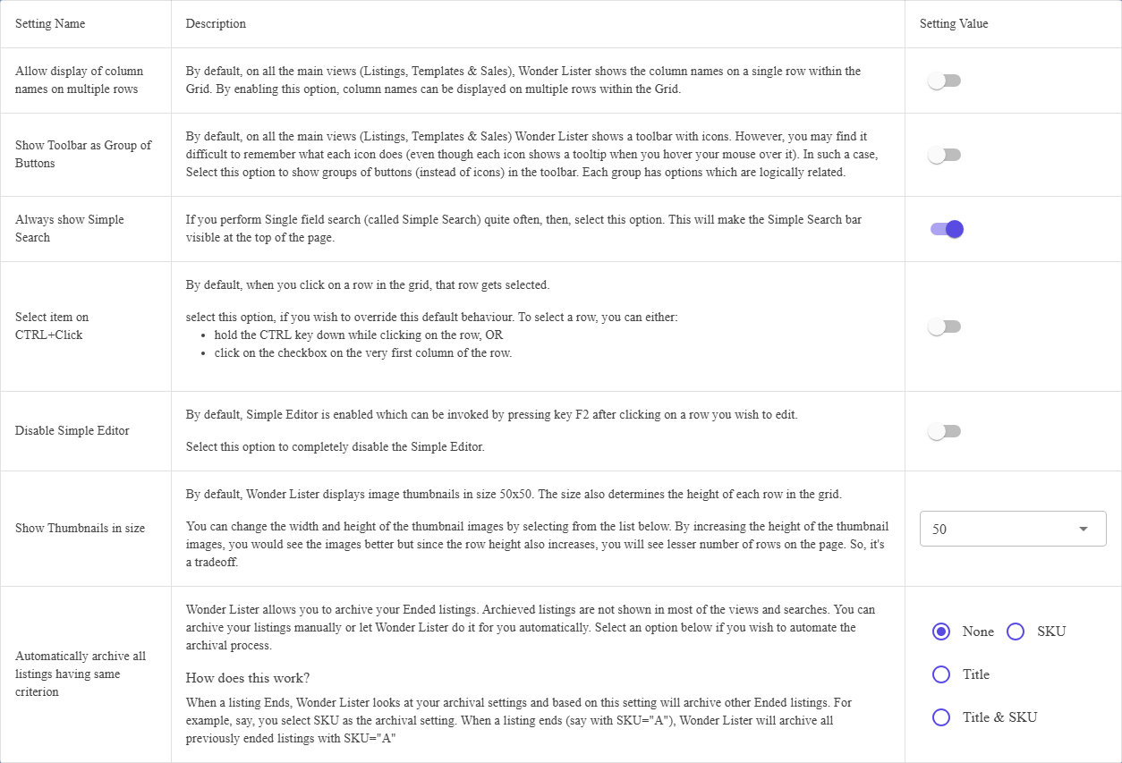The Main Views settings