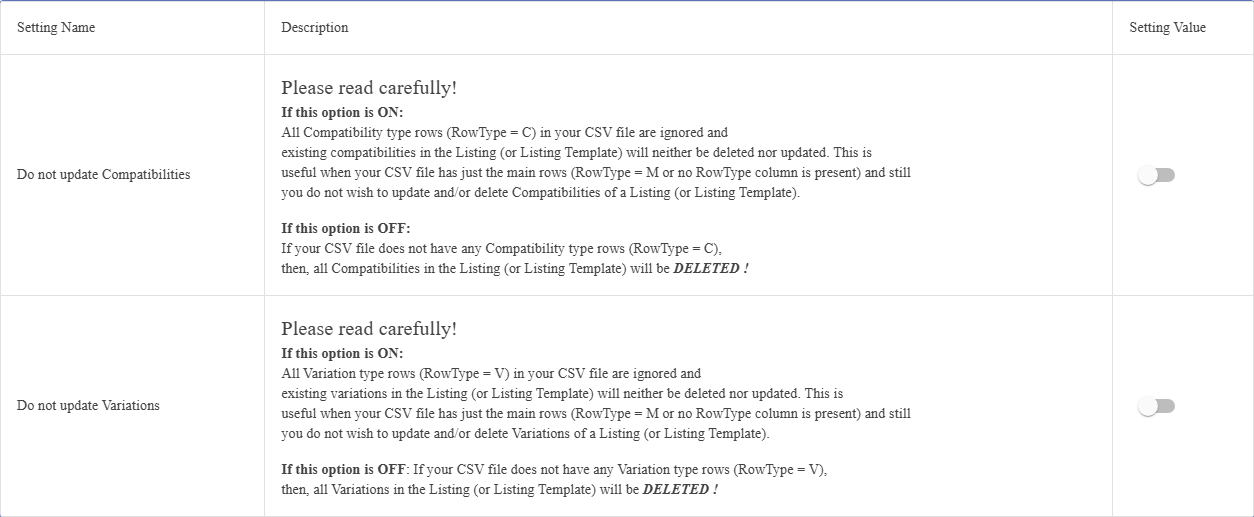 The Update using CSV settings