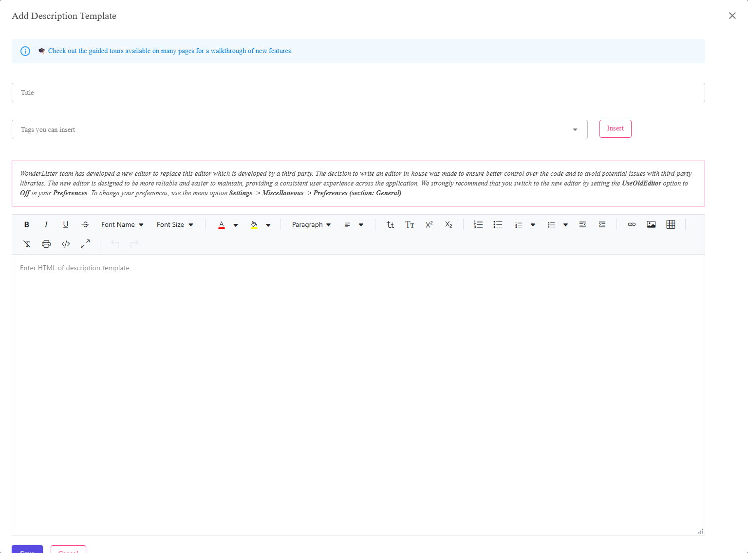 The Description Template Editor dialog