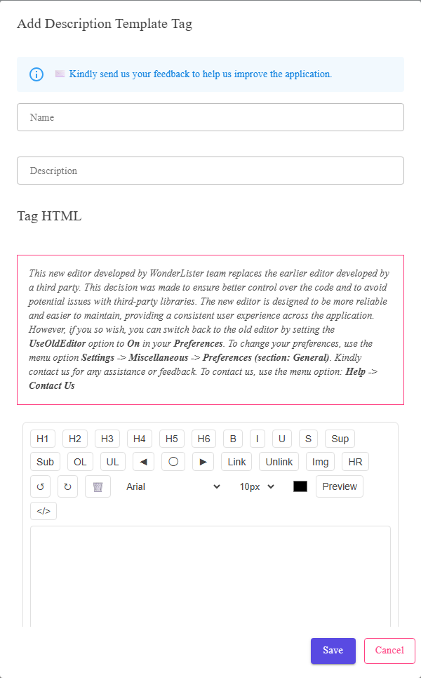 The Description Template Tag Editor dialog
