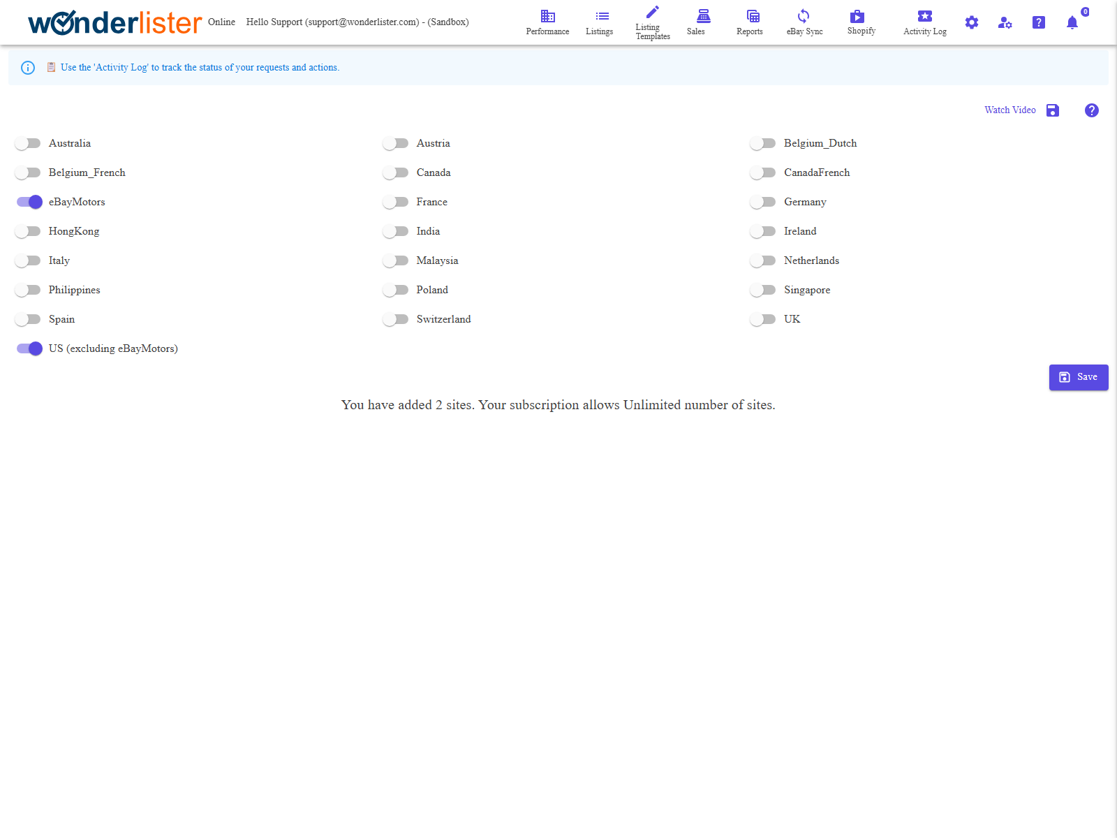 The eBay Sites page