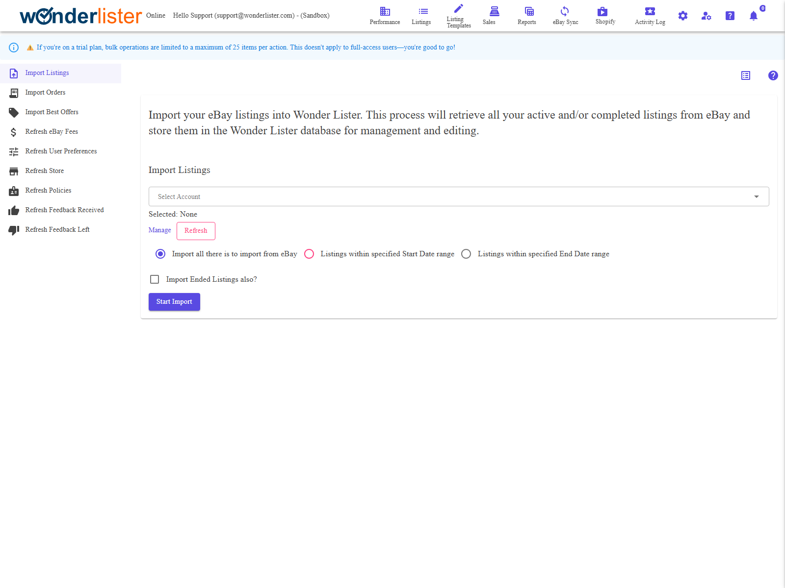 The eBay Sync dialog