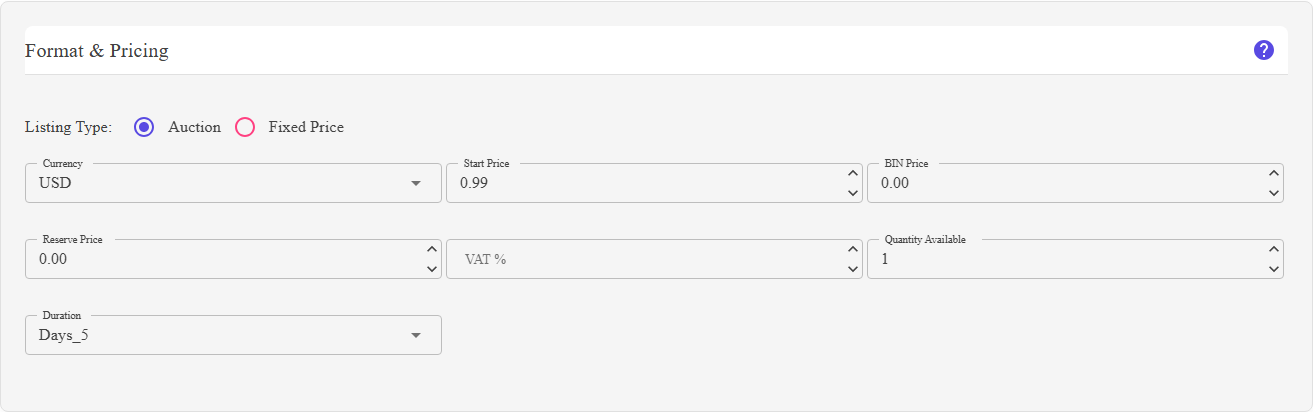 The Format and Pricing section of the listing editor