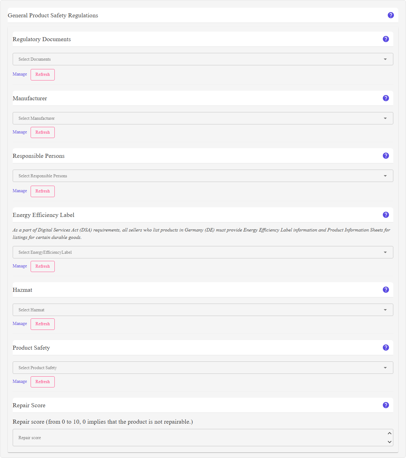 The General Product Safety Regulations section of the listing editor