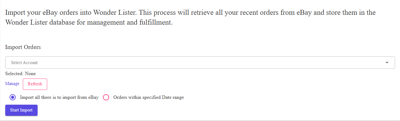 The Import Orders section of eBay Sync