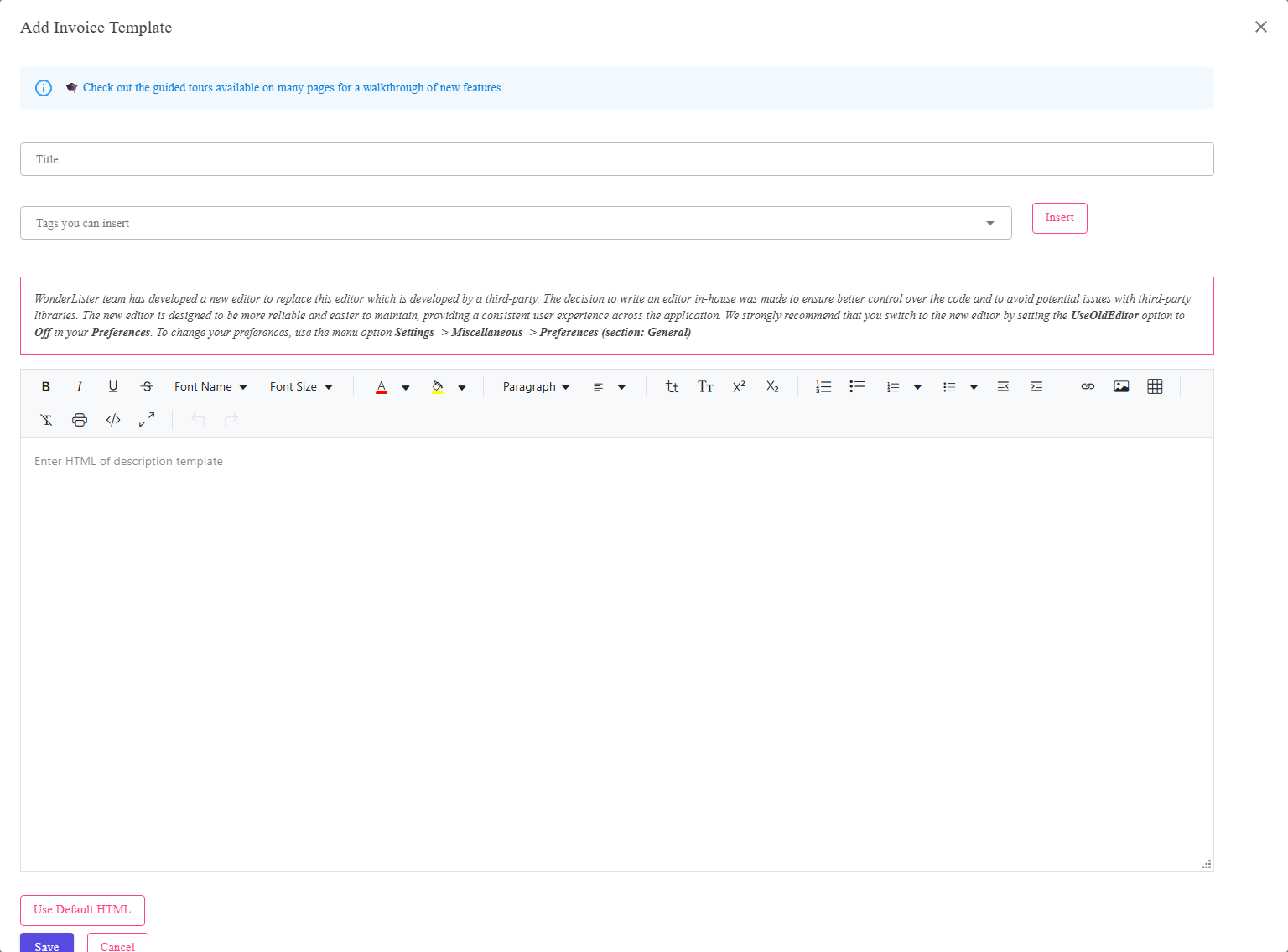 The Invoice Template Editor dialog