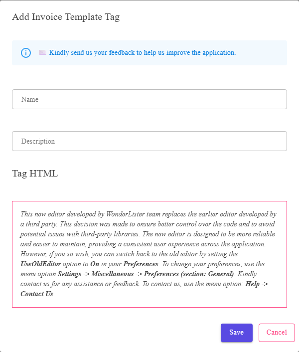 The Invoice Template Tag Editor dialog