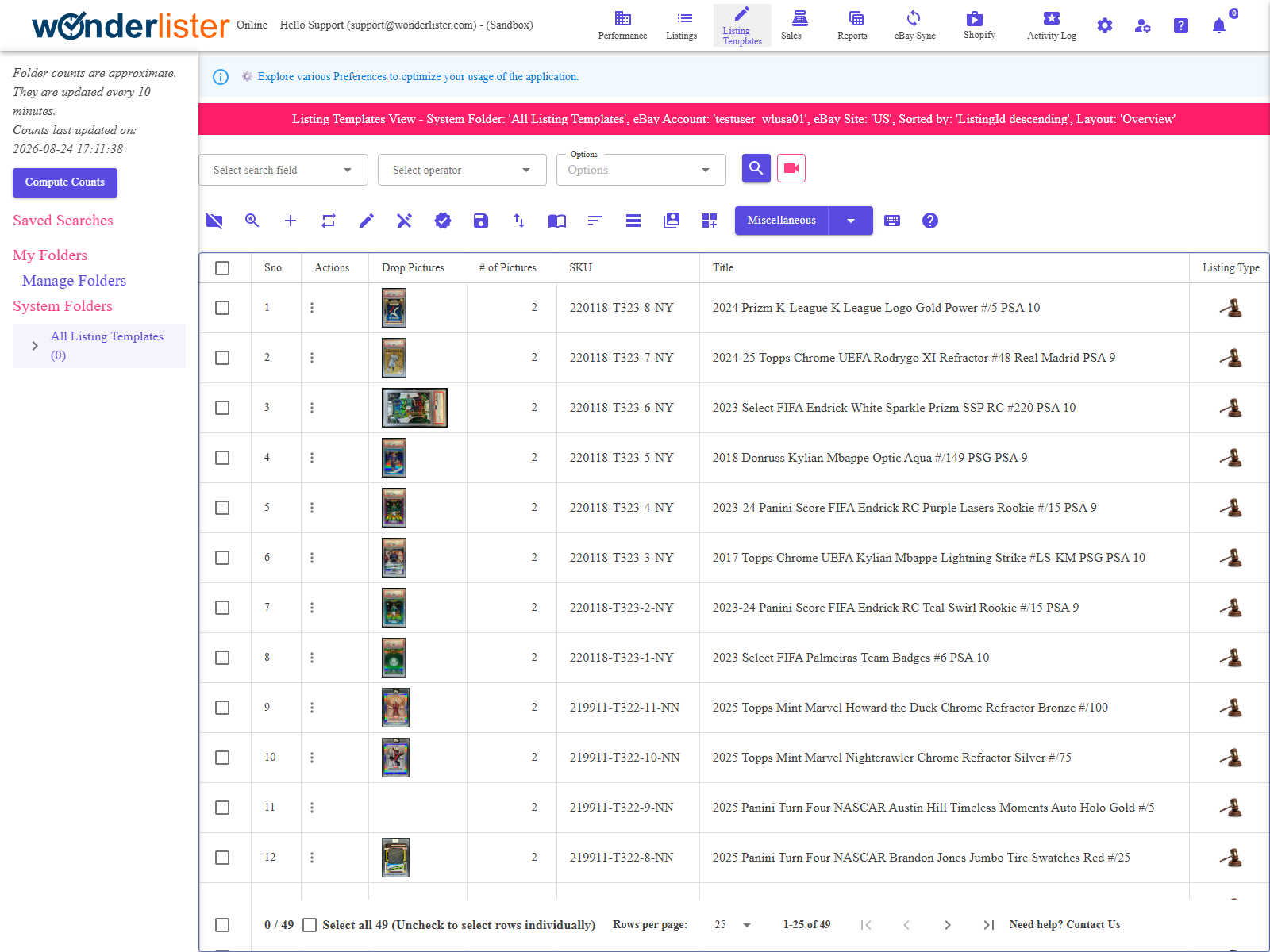 The Listing Templates page