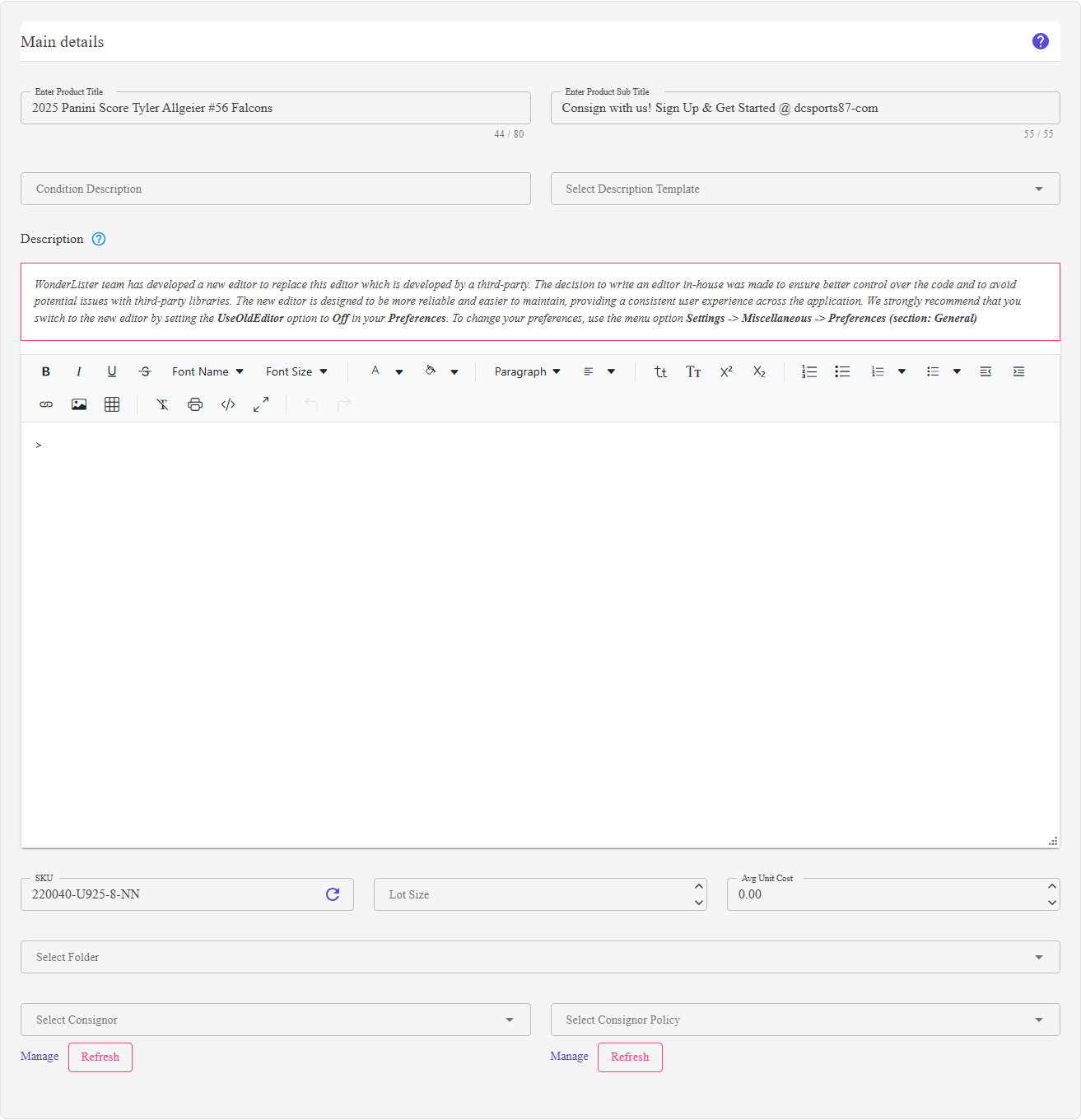 The Main details section of the listing editor