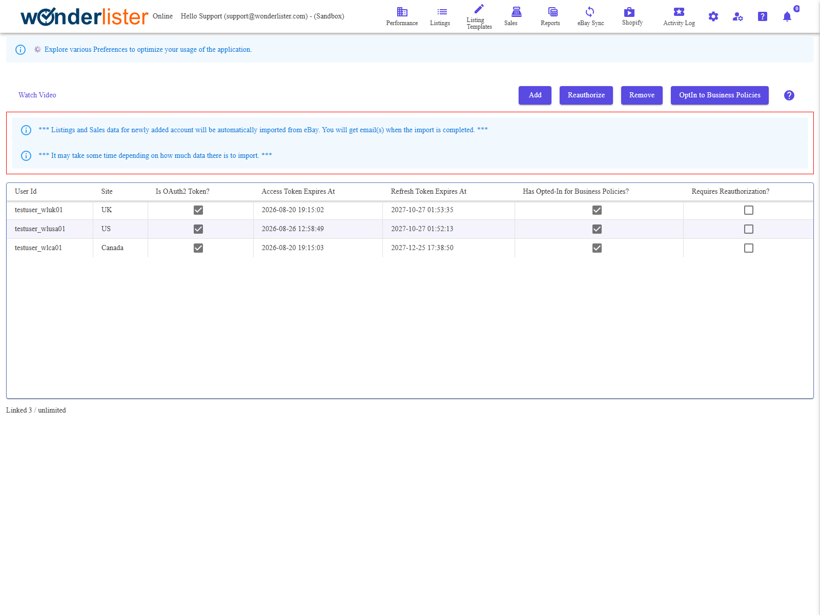 The Manage eBay Accounts page
