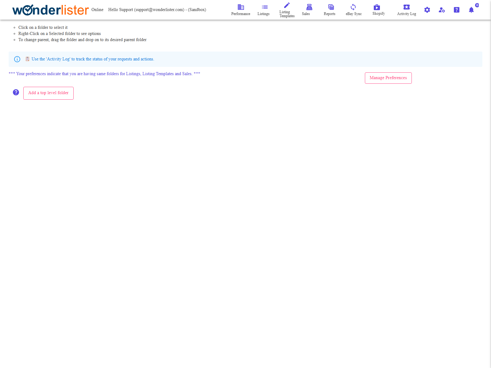 The Manage Folders page