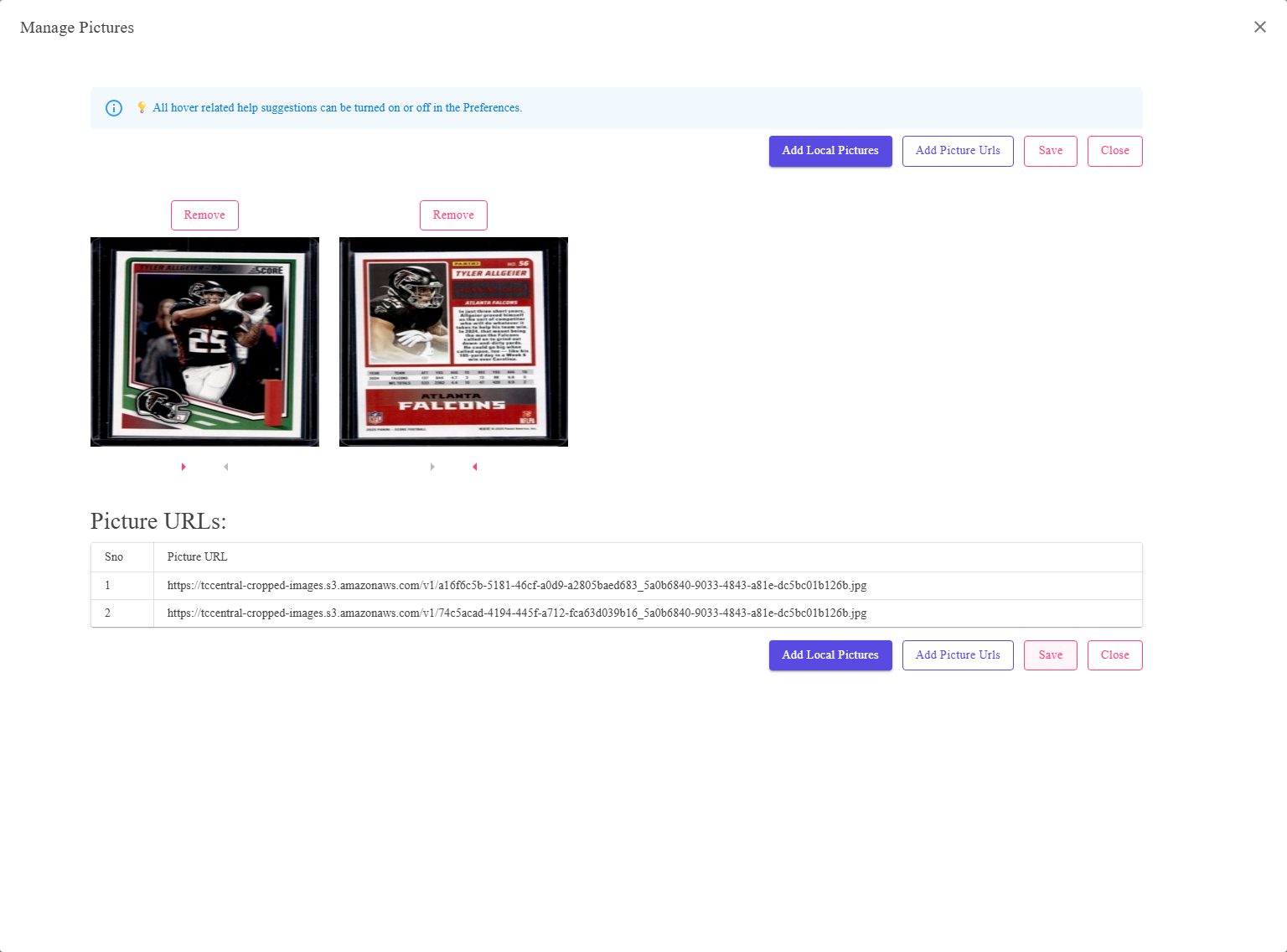 The Manage Pictures dialog