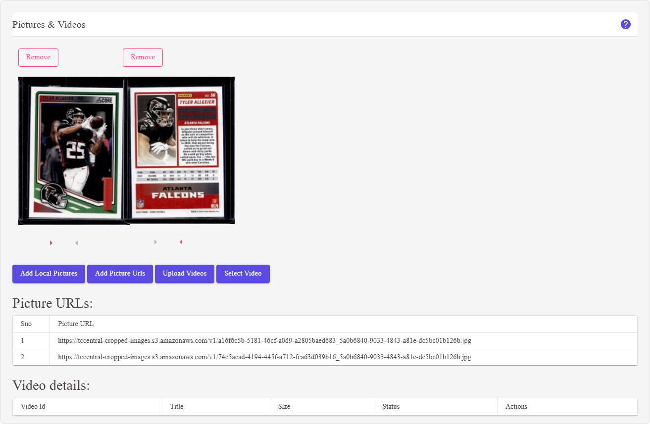The Pictures and Videos section of the listing editor