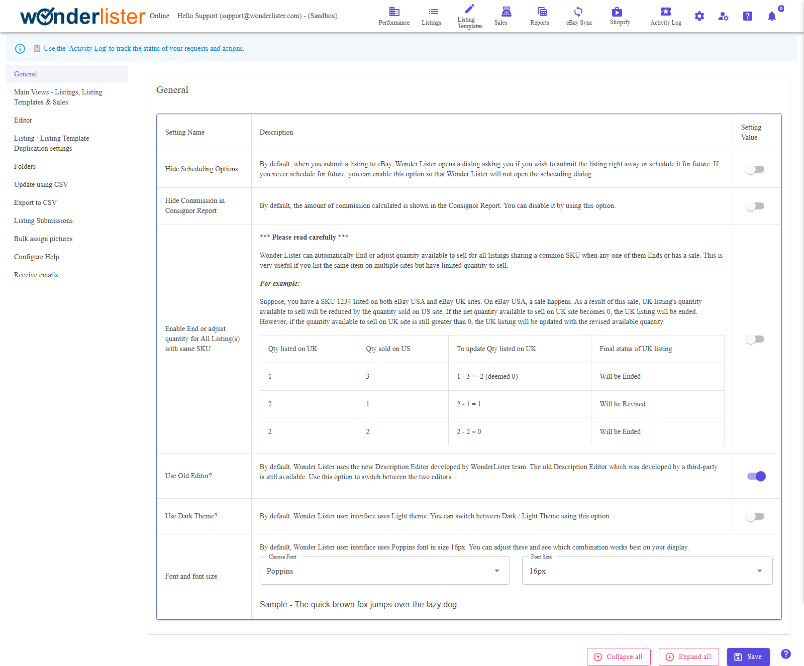 The Preferences page