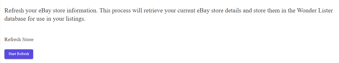 The Refresh Store section of eBay Sync