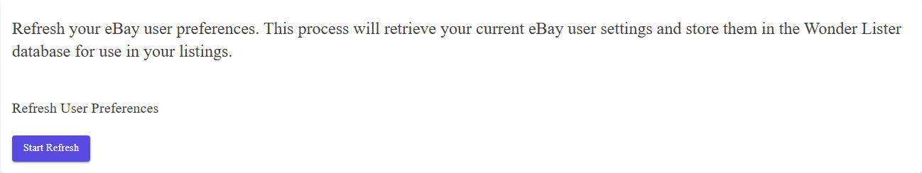The Refresh User Preferences section of eBay Sync