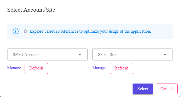 The Select Account and Site dialog