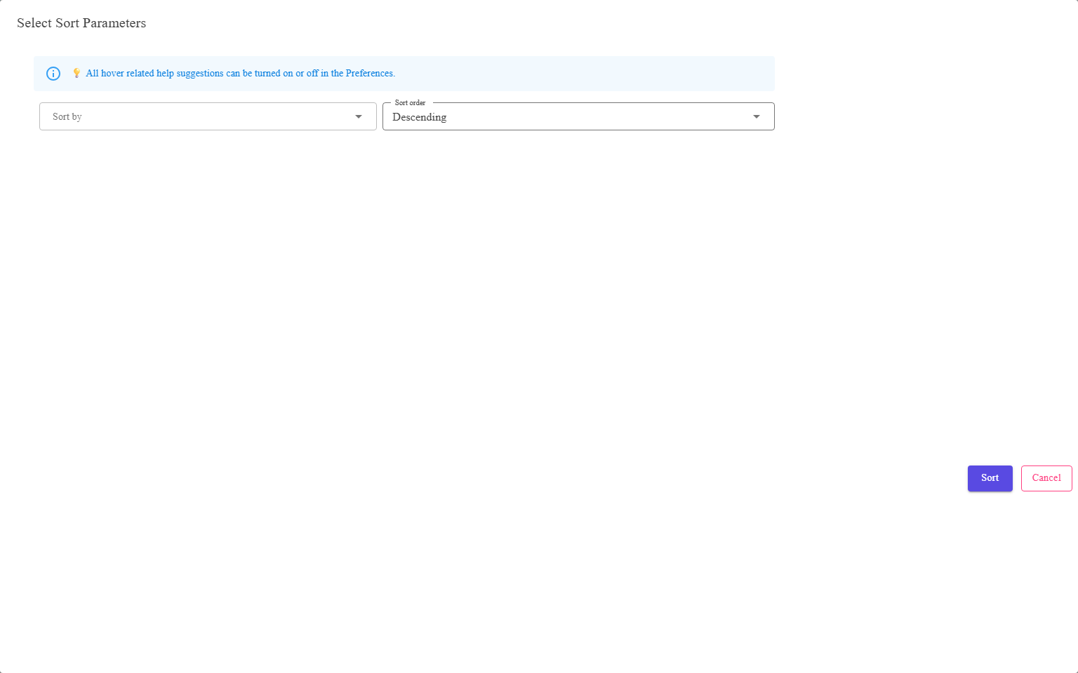 The Select Sort Parameters dialog