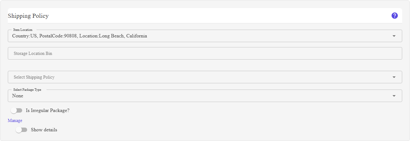 The Shipping Policy section of the listing editor