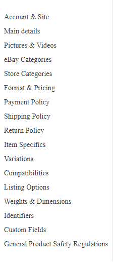 The editor's left-hand section navigator