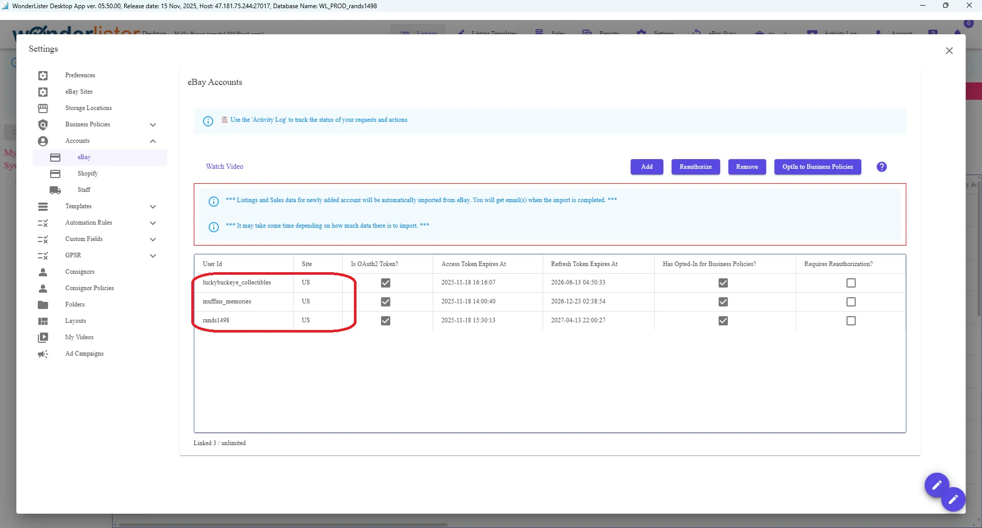 Linking multiple eBay accounts in WonderLister