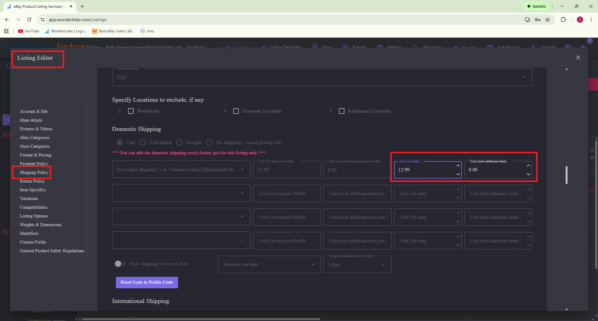 How to specify shipping costs for an eBay listing overriding what is in your shipping profile? 1 shipping costs for an eBay listing