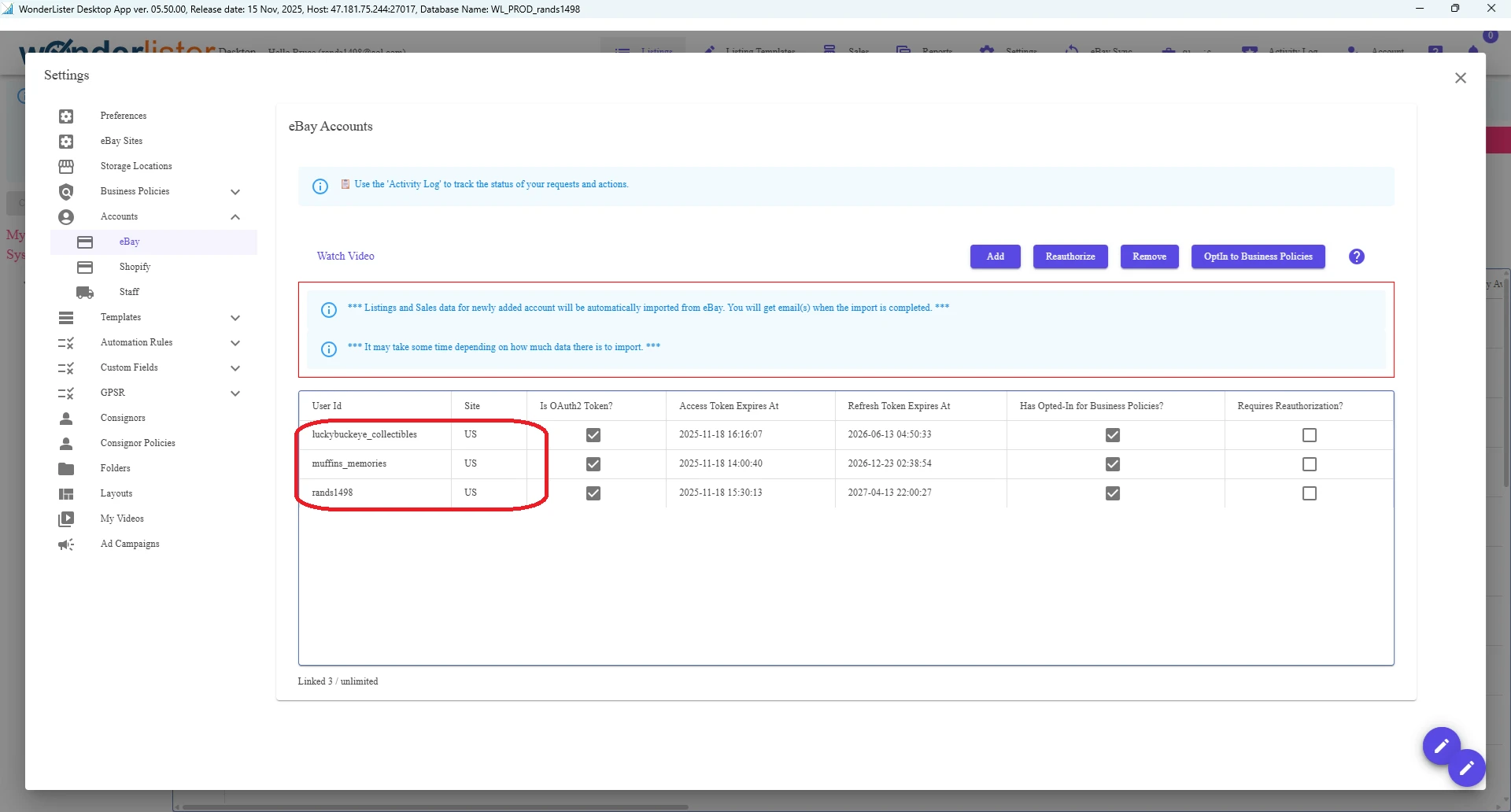 Linking multiple eBay accounts